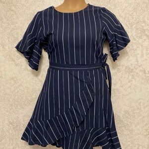 Express Navy and White Striped Faux Wrap Dress